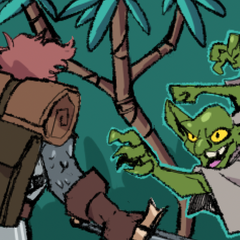 A stylized illustration showing several green goblin-like creatures wearing tattered gray robes in a jungle setting, with a partially visible character on the left carrying a brown backpack.