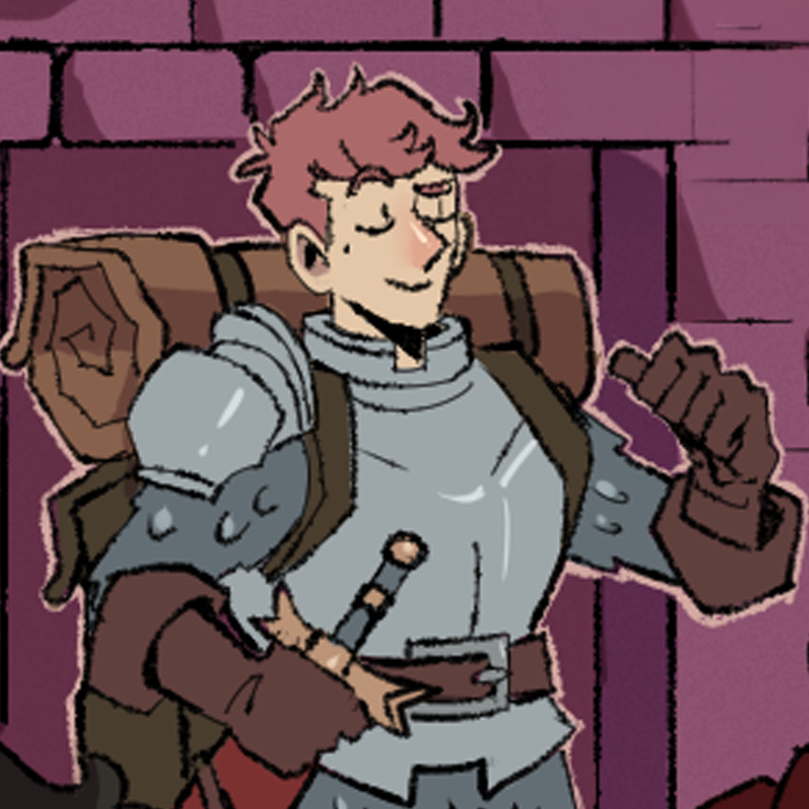 A stylized illustrated character wearing fantasy armor with a gray tunic, brown leather straps, and a red hat, shown against a purple brick wall background.