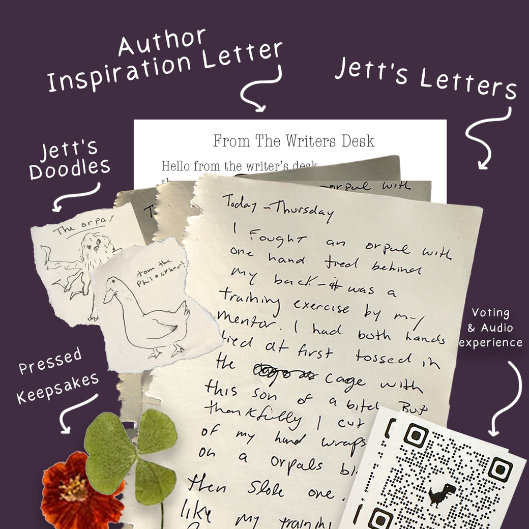 A month’s Adventure Letters envelope opened, with journal pages, a doodle and a pressed flower laid out.