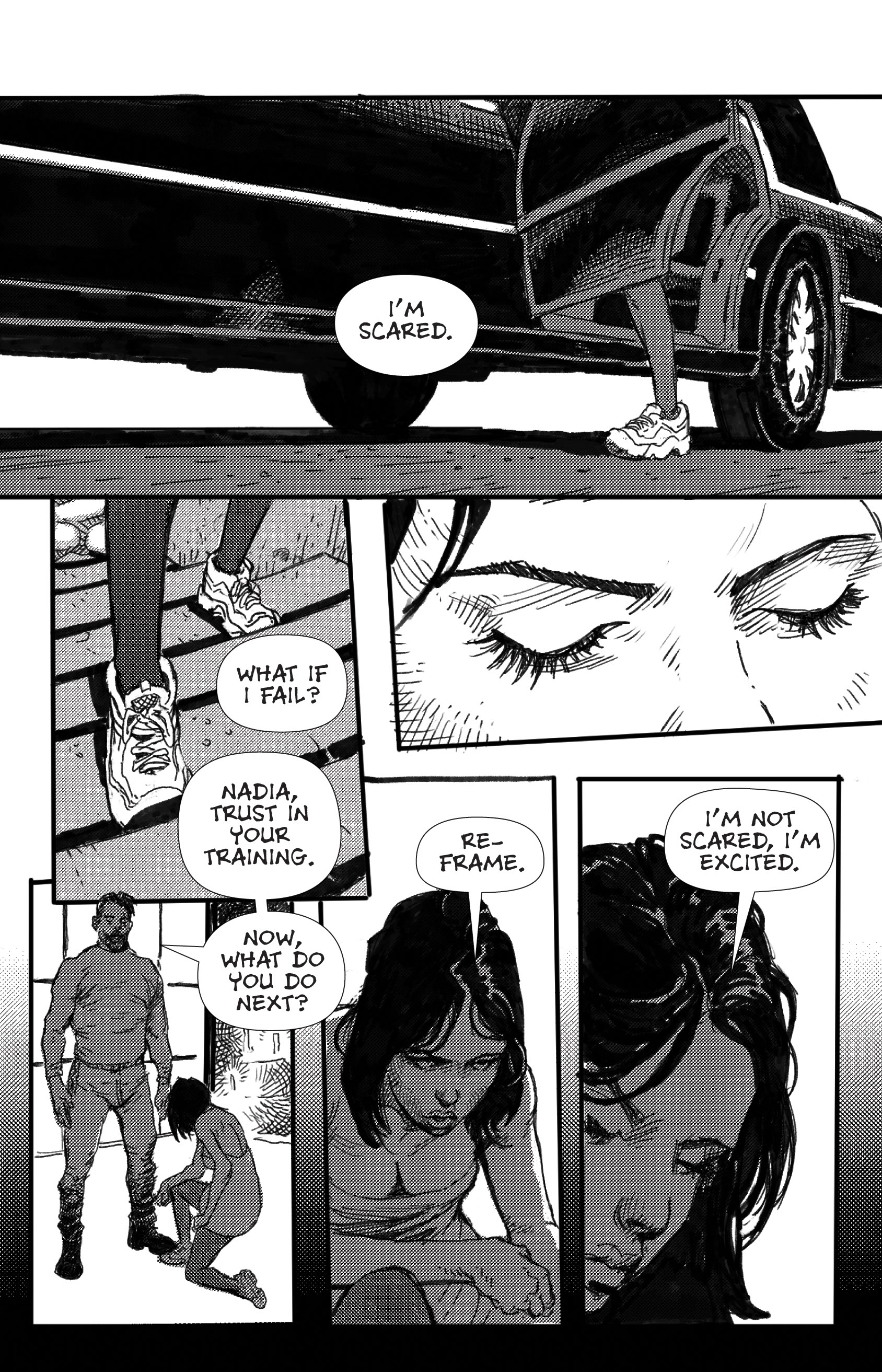 A black and white comic page depicting a dialogue between two characters. One character expresses fear, while the other provides encouragement. The scene shows a close-up of their feet and facial expressions.