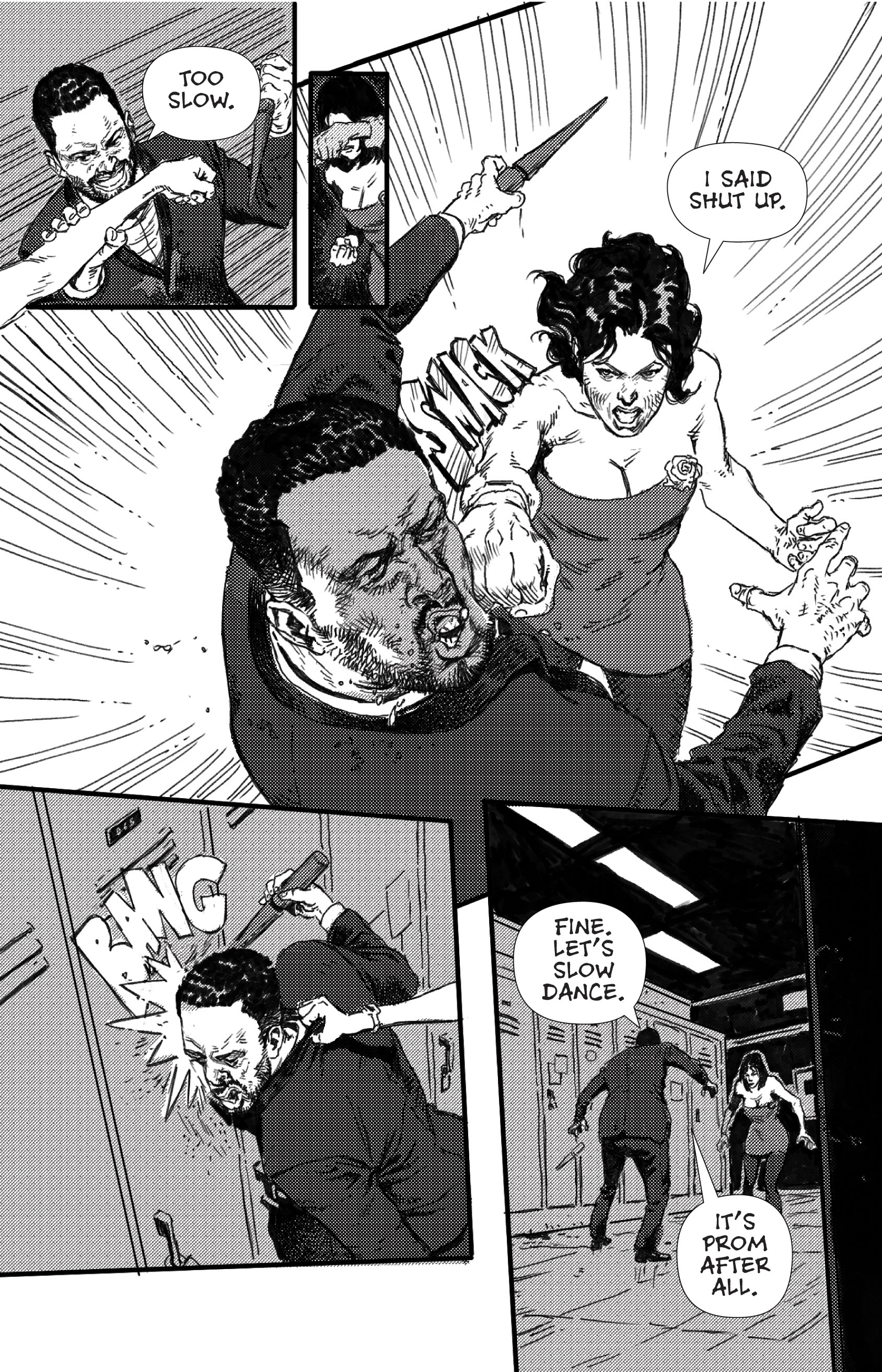 A dramatic comic panel depicting a confrontation between two characters, one holding a knife and the other appearing aggressive. The scene conveys tension and movement, with speech bubbles indicating dialogue between the characters.