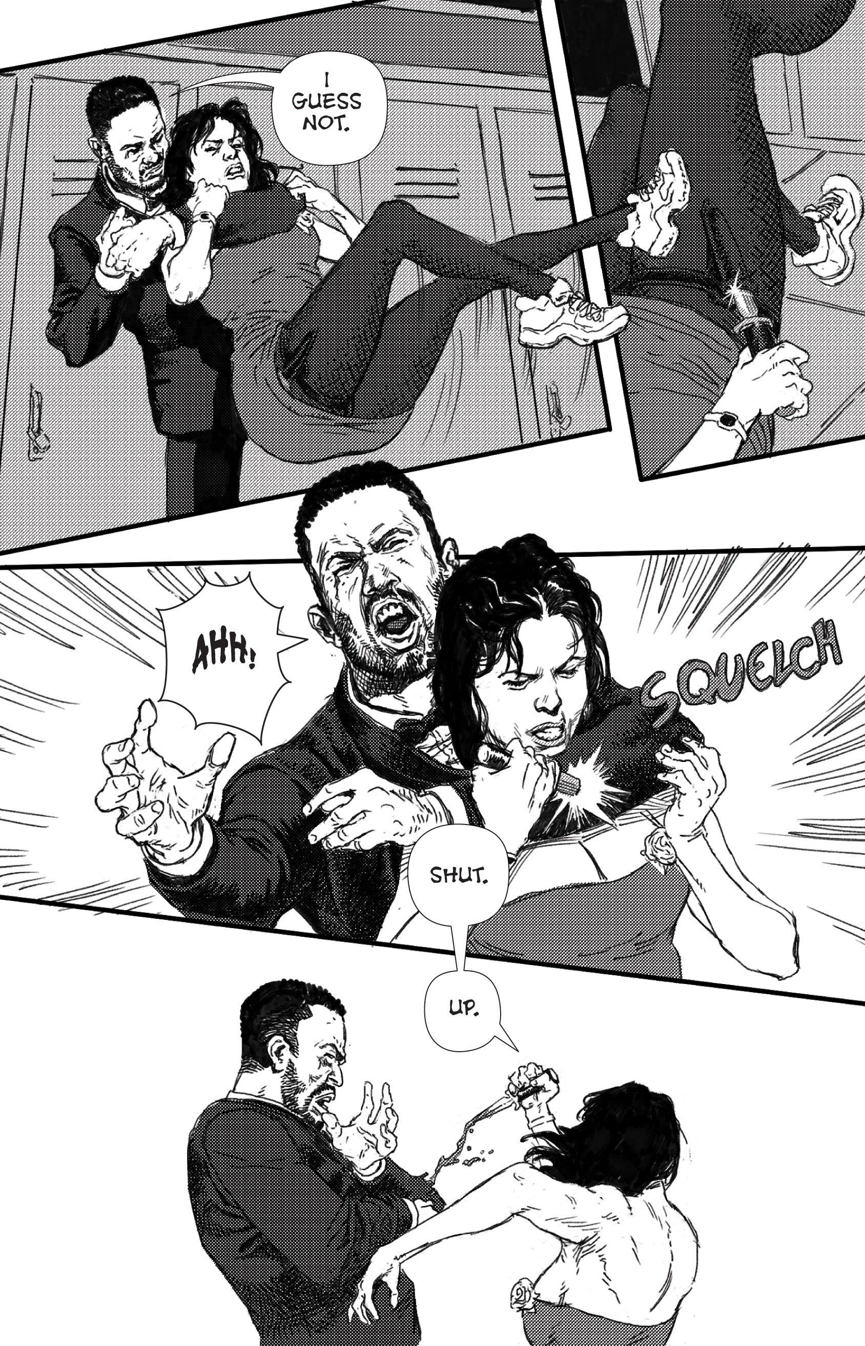 A black and white comic panel featuring a tense scene where a man holds a woman by the arms, with expressions of anger and determination on their faces. Speech bubbles indicate dialogue, and the woman appears to be defending herself with a weapon.