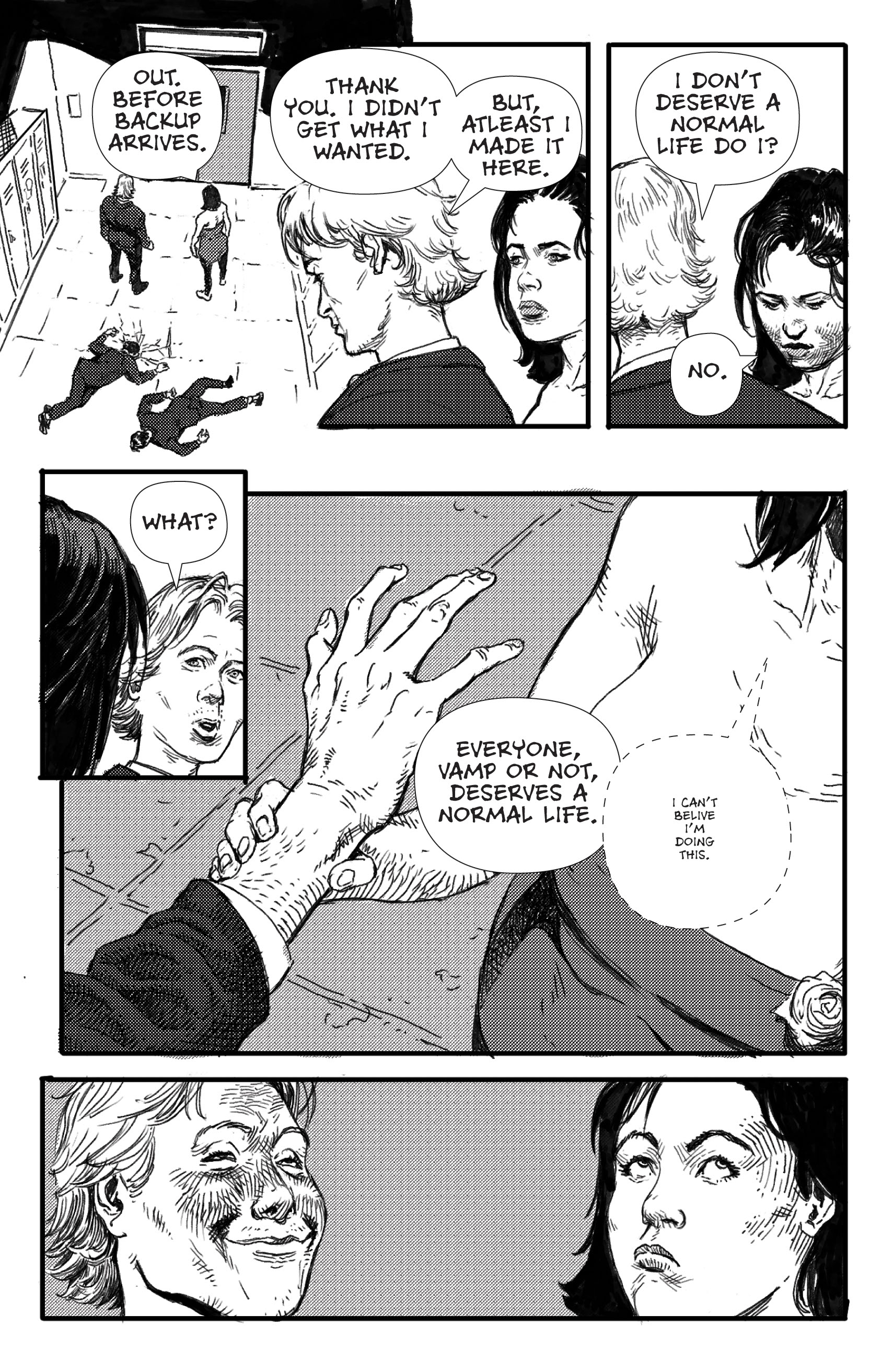 A black-and-white comic panel depicting a tense conversation between multiple characters in a hallway, with one character expressing gratitude and questioning their deservingness of a normal life.