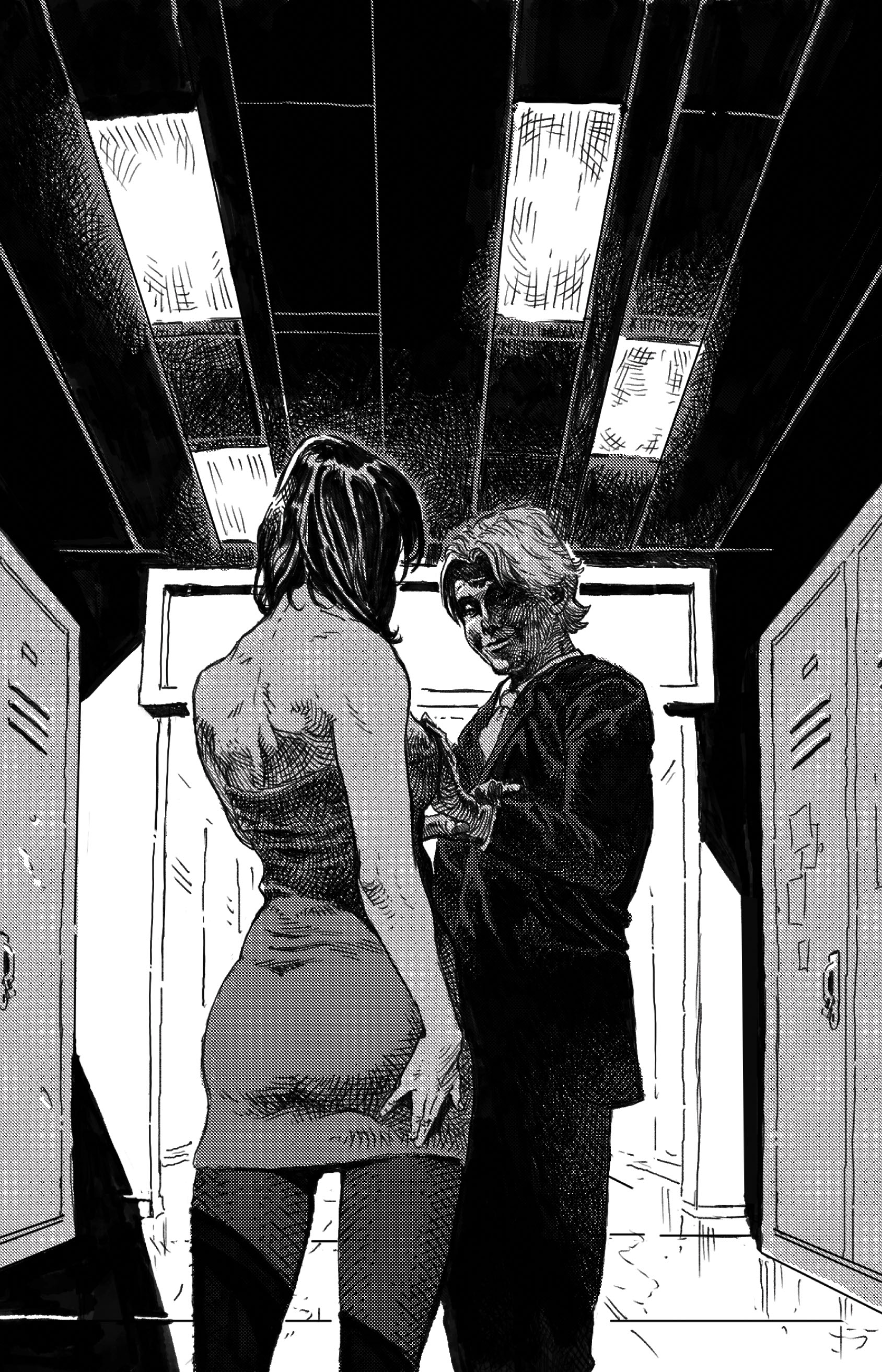 A black and white comic panel featuring a woman in a form-fitting dress and a man in a suit, standing close together in a hallway with lockers. The characters are engaged in a conversation, with an intense atmosphere.