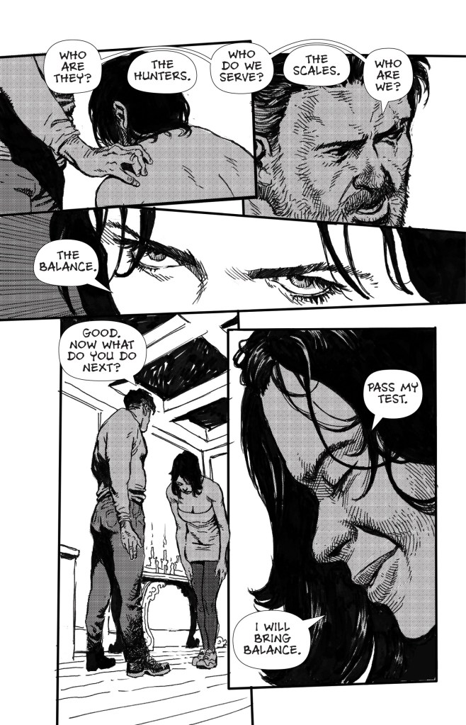 A black-and-white comic panel showing a conversation between two characters, with one character kneeling and the other standing, discussing themes of balance and tests. Speech bubbles convey dialogue about hunters, scales, and the concept of balance.