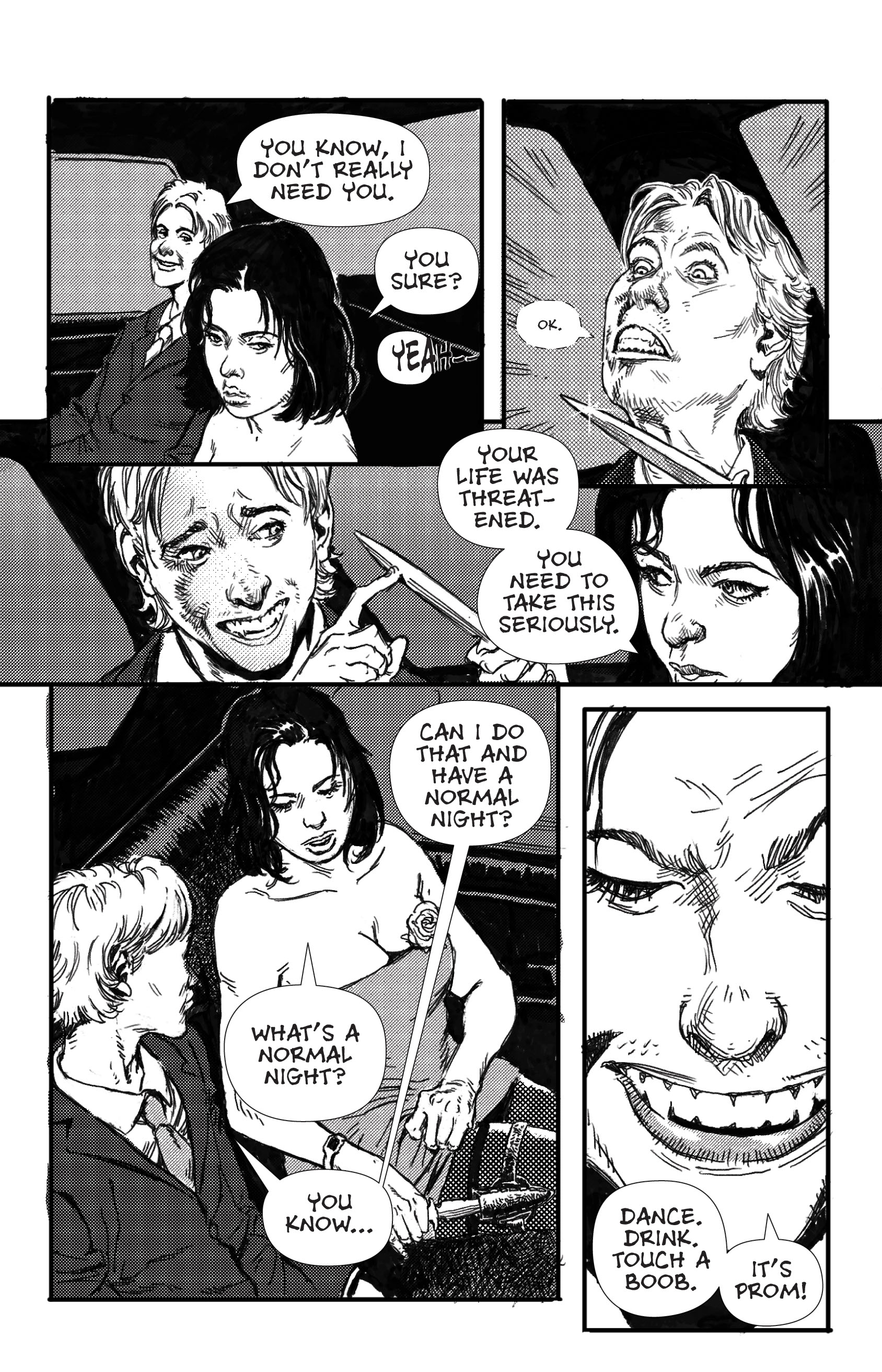 A comic panel depicting a conversation between characters, one holding a knife, discussing the seriousness of a previous life-threatening event. The setting appears to be a car, with one character in formal attire and another in a revealing outfit, expressing curiosity about having a normal night.