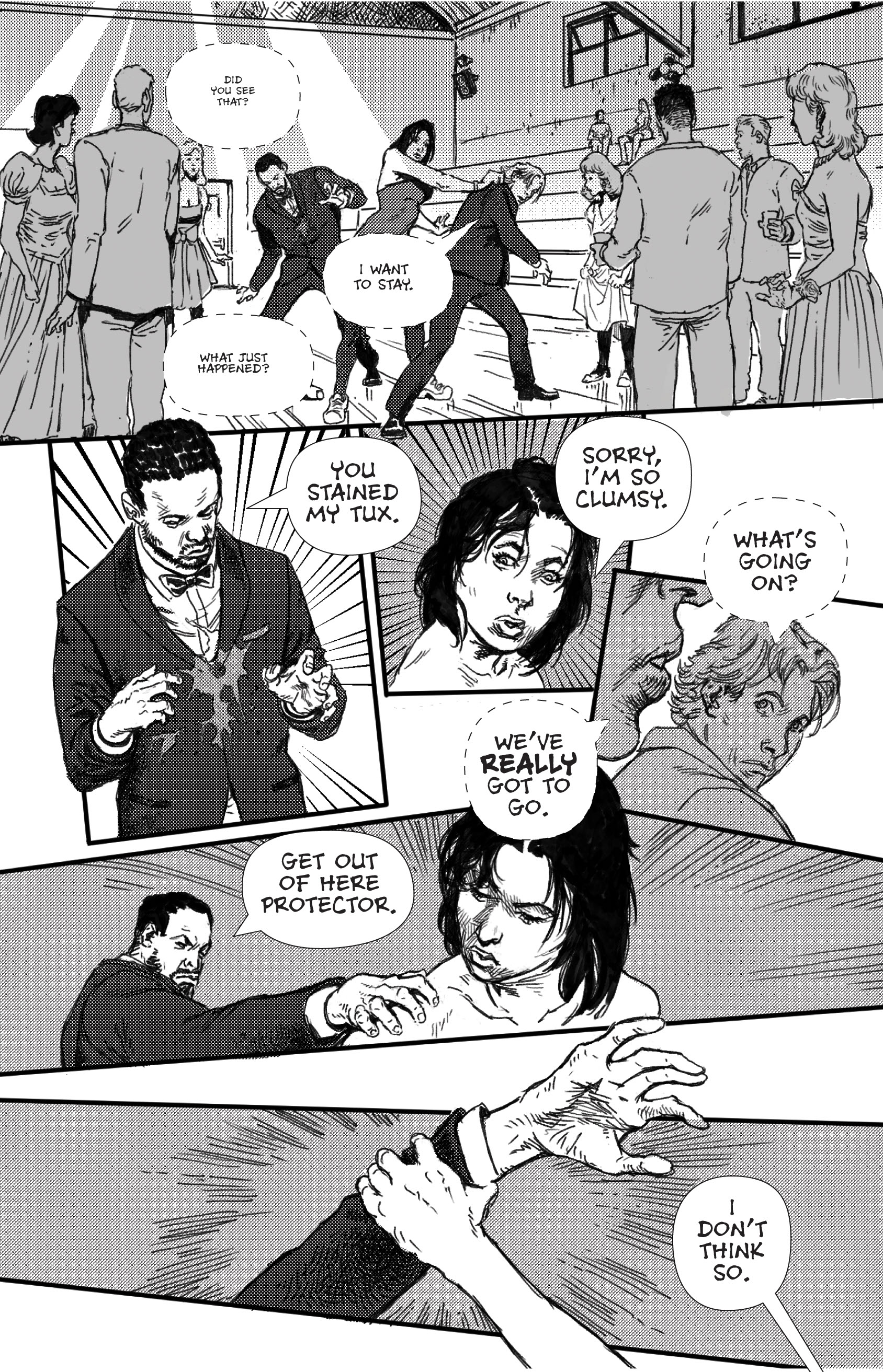 A monochrome comic panel showing characters in a tense situation at a social gathering, with speech bubbles indicating a conversation about a clumsy incident that stained someone's tuxedo. Various characters display expressions of concern and urgency.